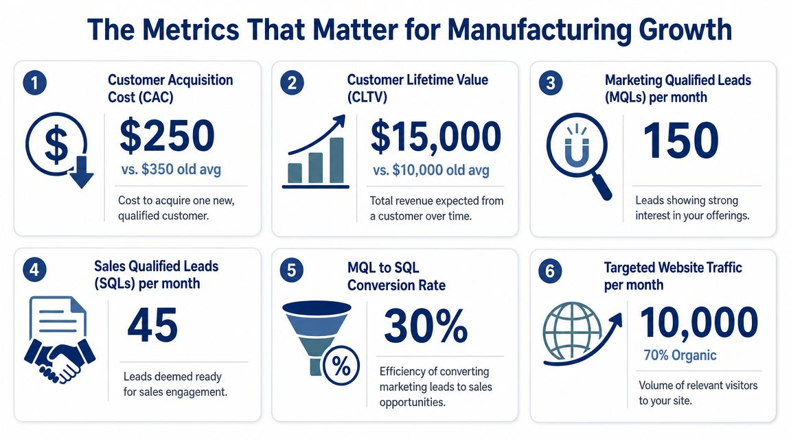 An infographic detailing six essential growth metrics for manufacturing businesses, including CAC, CLTV, and various lead conversions.