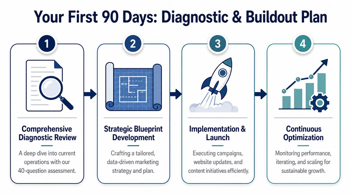 A four-step roadmap infographic titled Your First 90 Days outlining diagnostic, planning, implementation, and optimization phases.