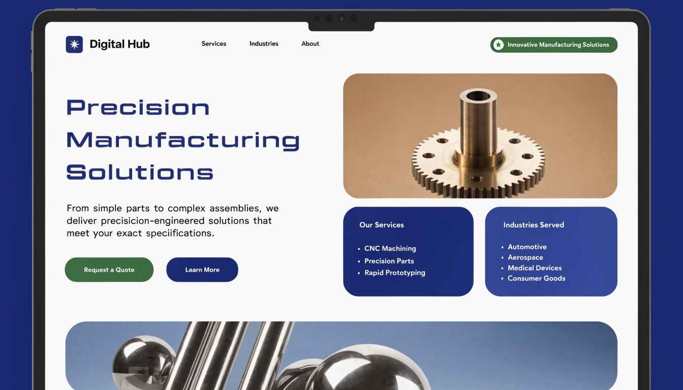 A digital tablet displaying a website for a professional precision manufacturing company offering machining and prototyping services.