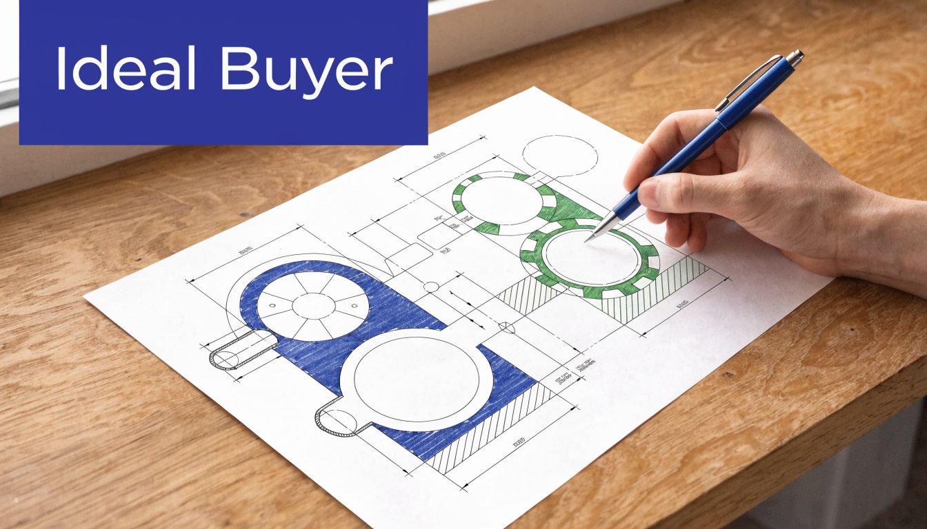 A hand holding a pen sketching technical mechanical drawings on a white paper on a wooden desk.