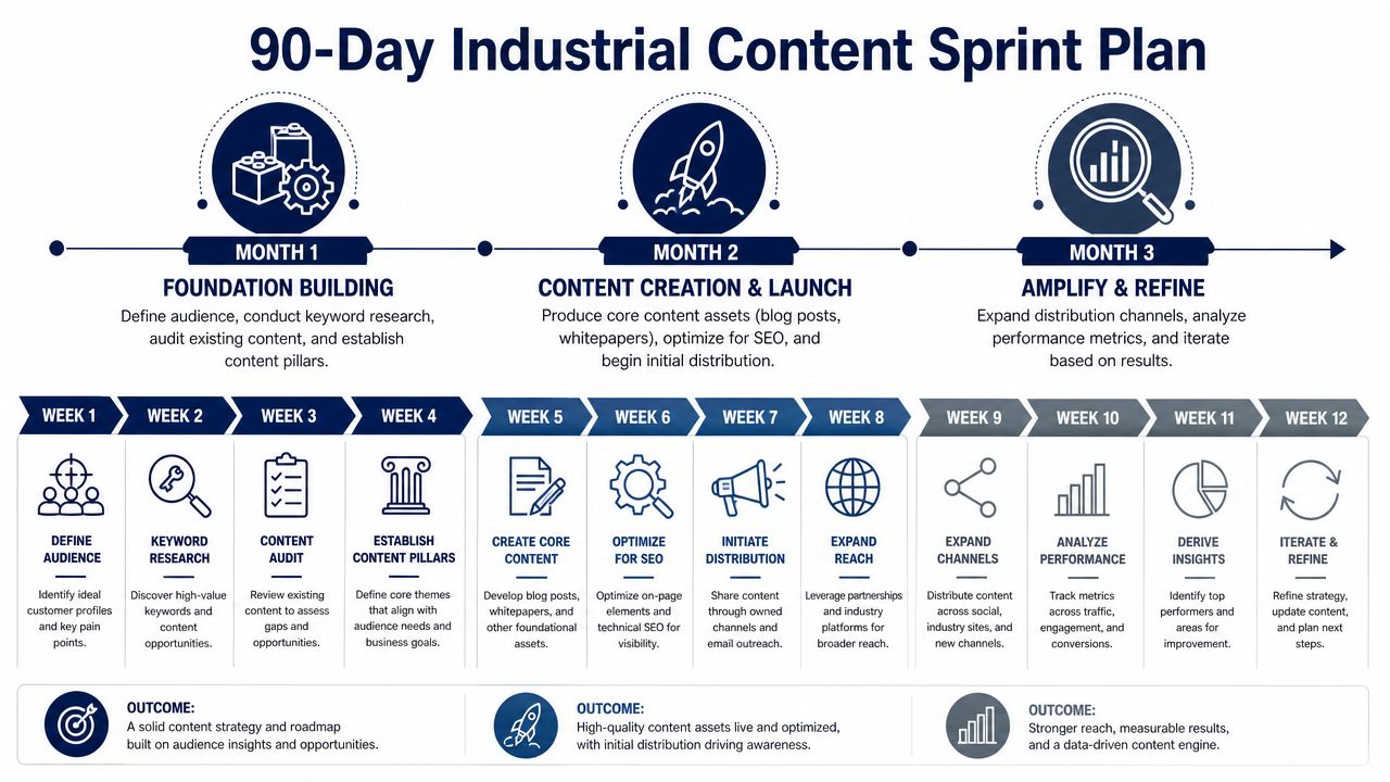 A 90-day industrial content sprint plan diagram showing monthly phases and weekly action steps for content strategy.