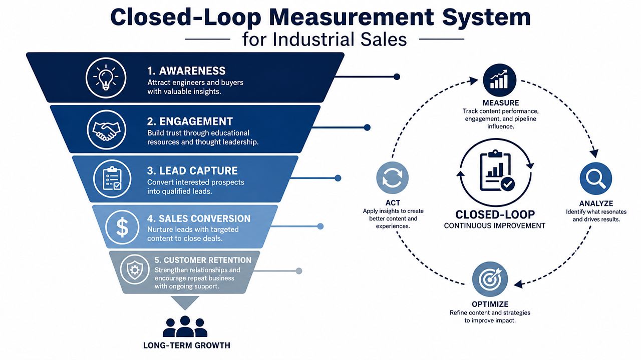 A diagram illustrating a closed-loop measurement system for industrial sales, showing a funnel connected to a feedback cycle.
