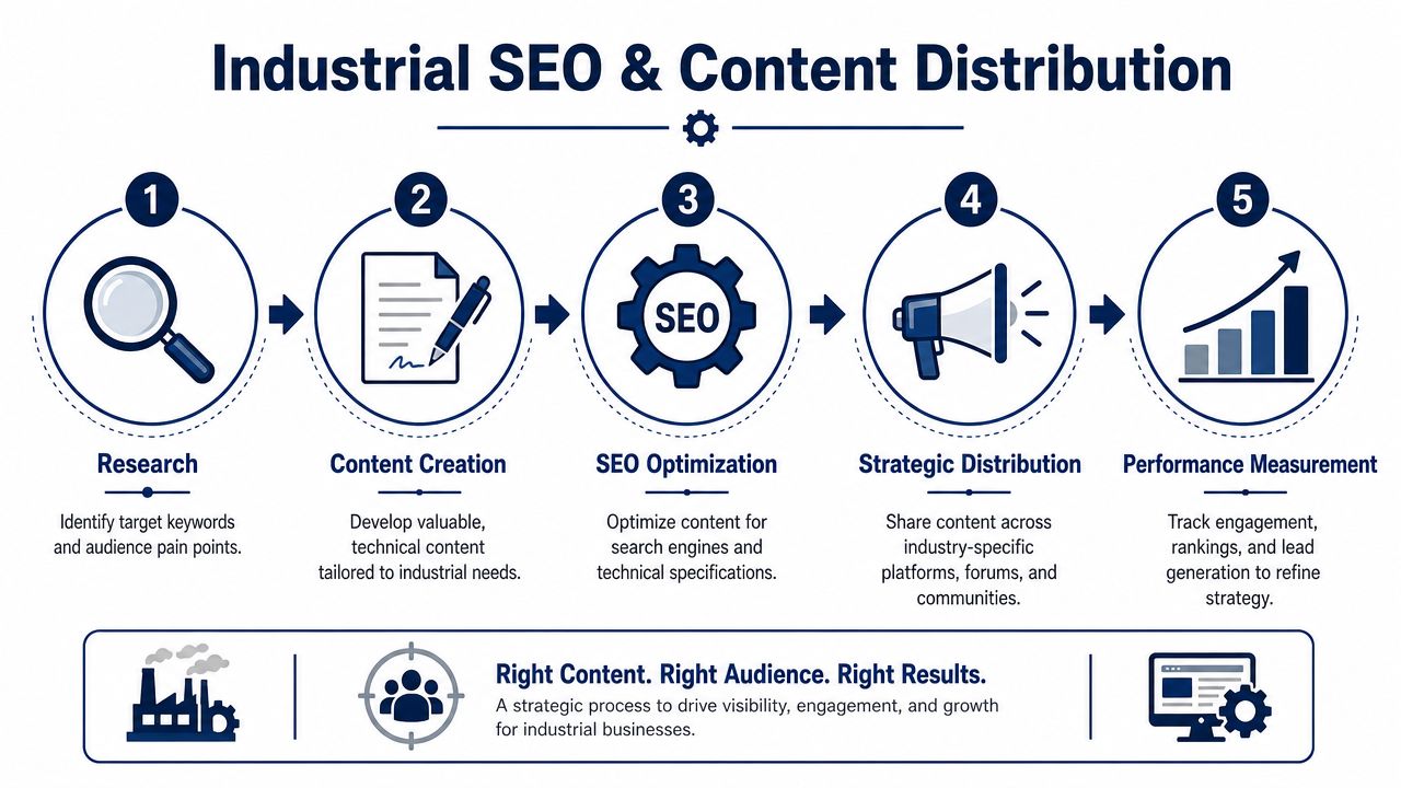 A five-step flowchart illustrating the industrial SEO and content distribution process for B2B manufacturing businesses.