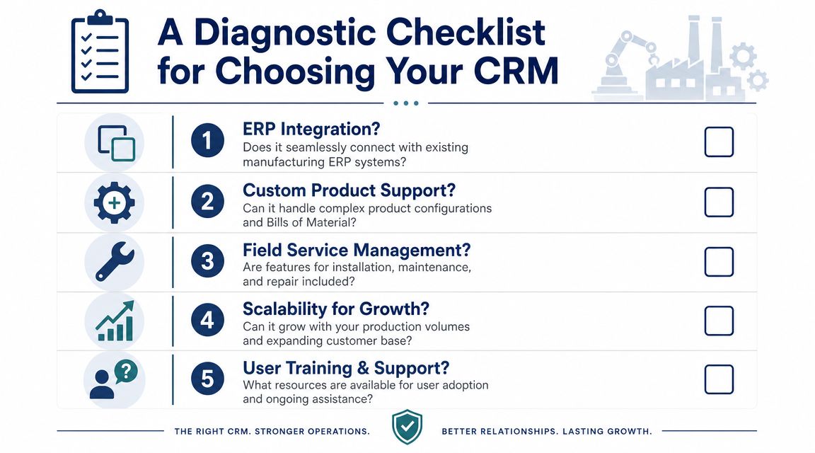 A diagnostic checklist infographic for selecting a CRM specifically designed for manufacturing companies and industrial operations.