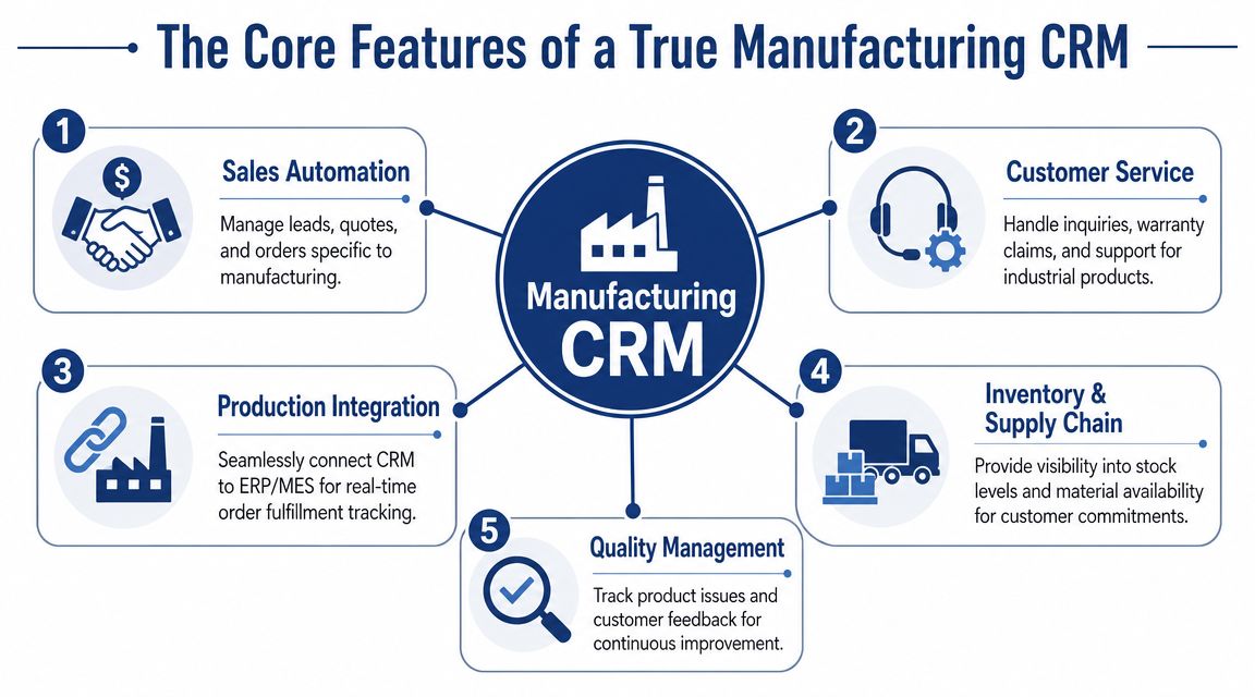 A diagram illustrating the five core features of a Manufacturing CRM system, including sales, service, and production.