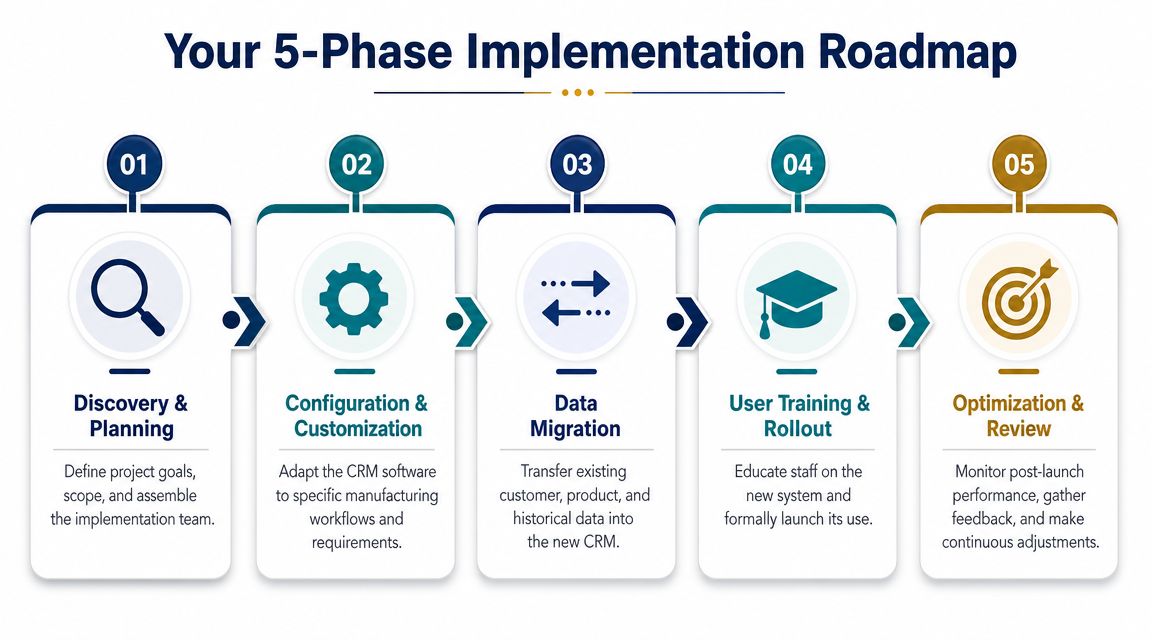 A 5-phase implementation roadmap infographic showing the CRM deployment process from planning to optimization and review.