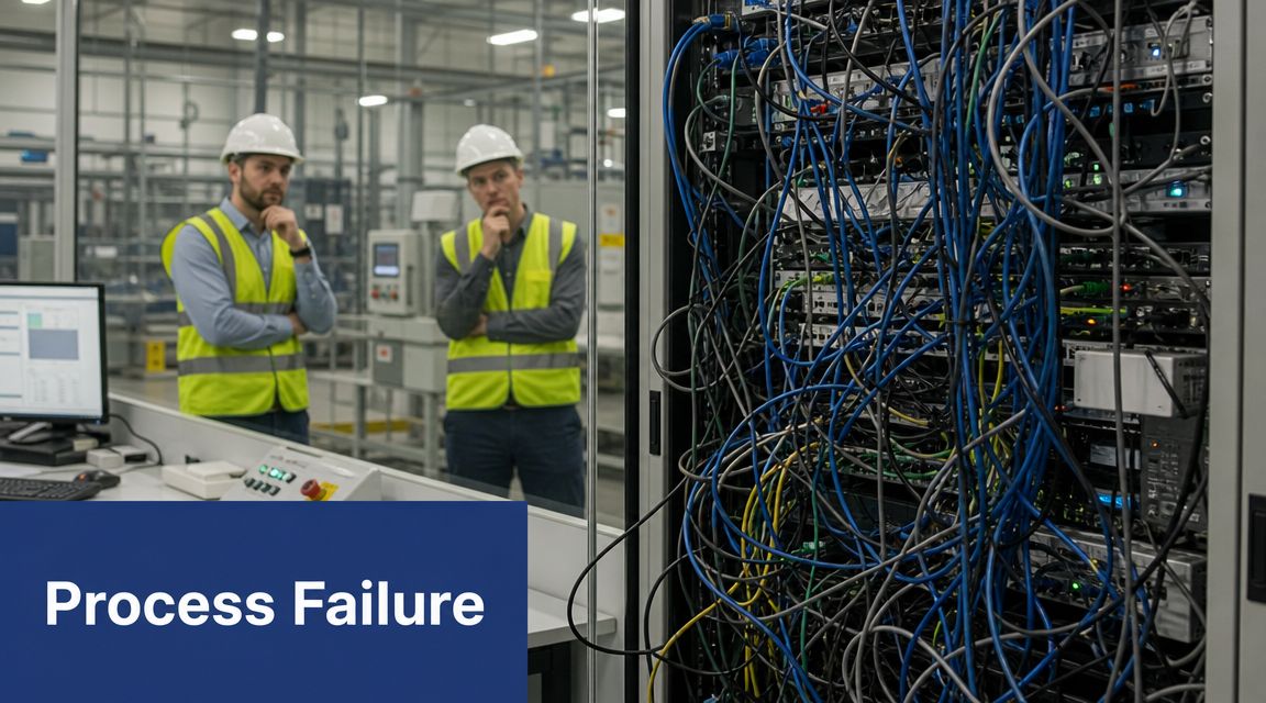 Two engineers inspecting a server rack with tangled cables in a modern industrial manufacturing facility.