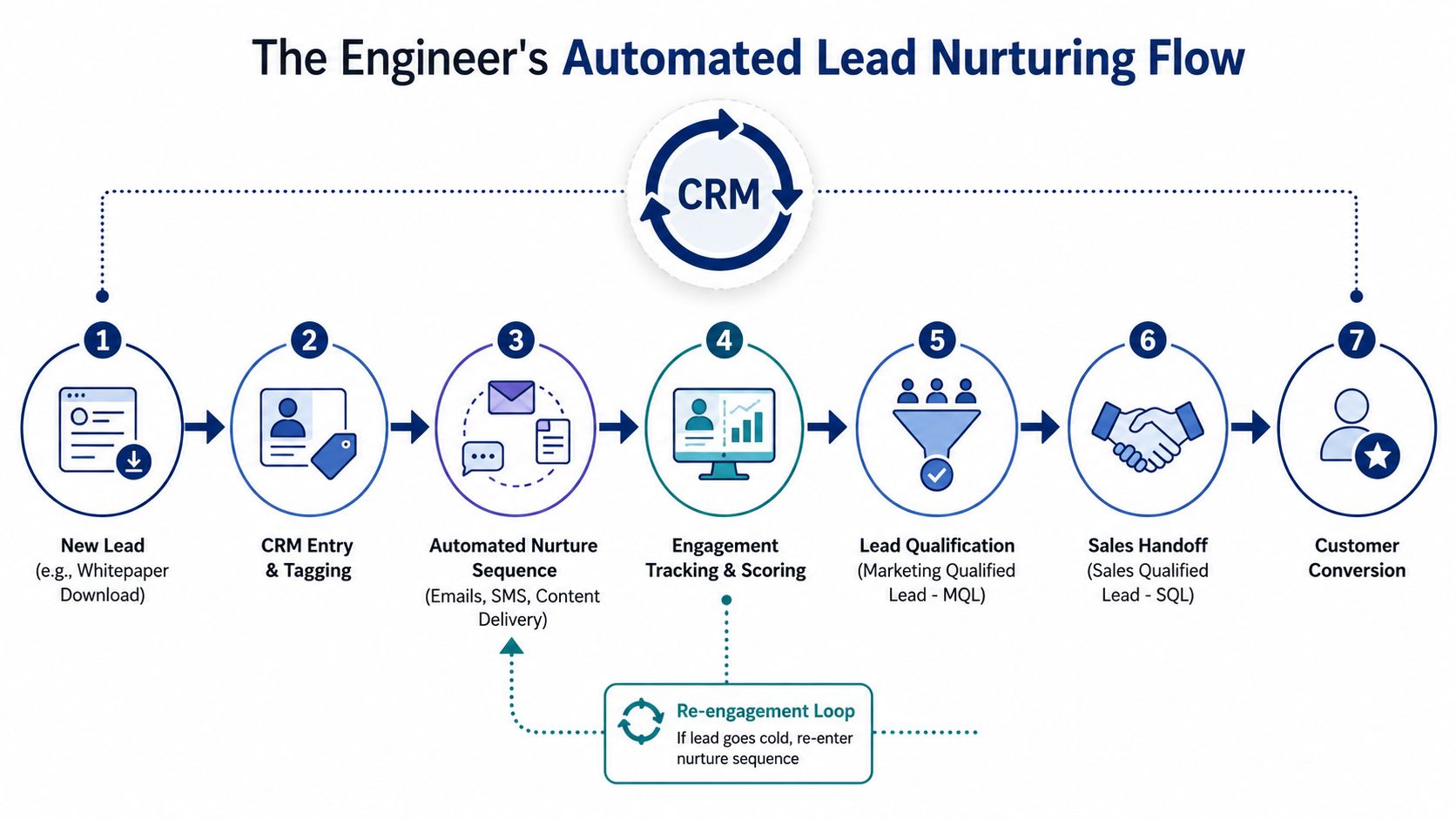 A diagram illustrating the seven-step automated lead nurturing flow process for engineers, involving CRM and sales integration.