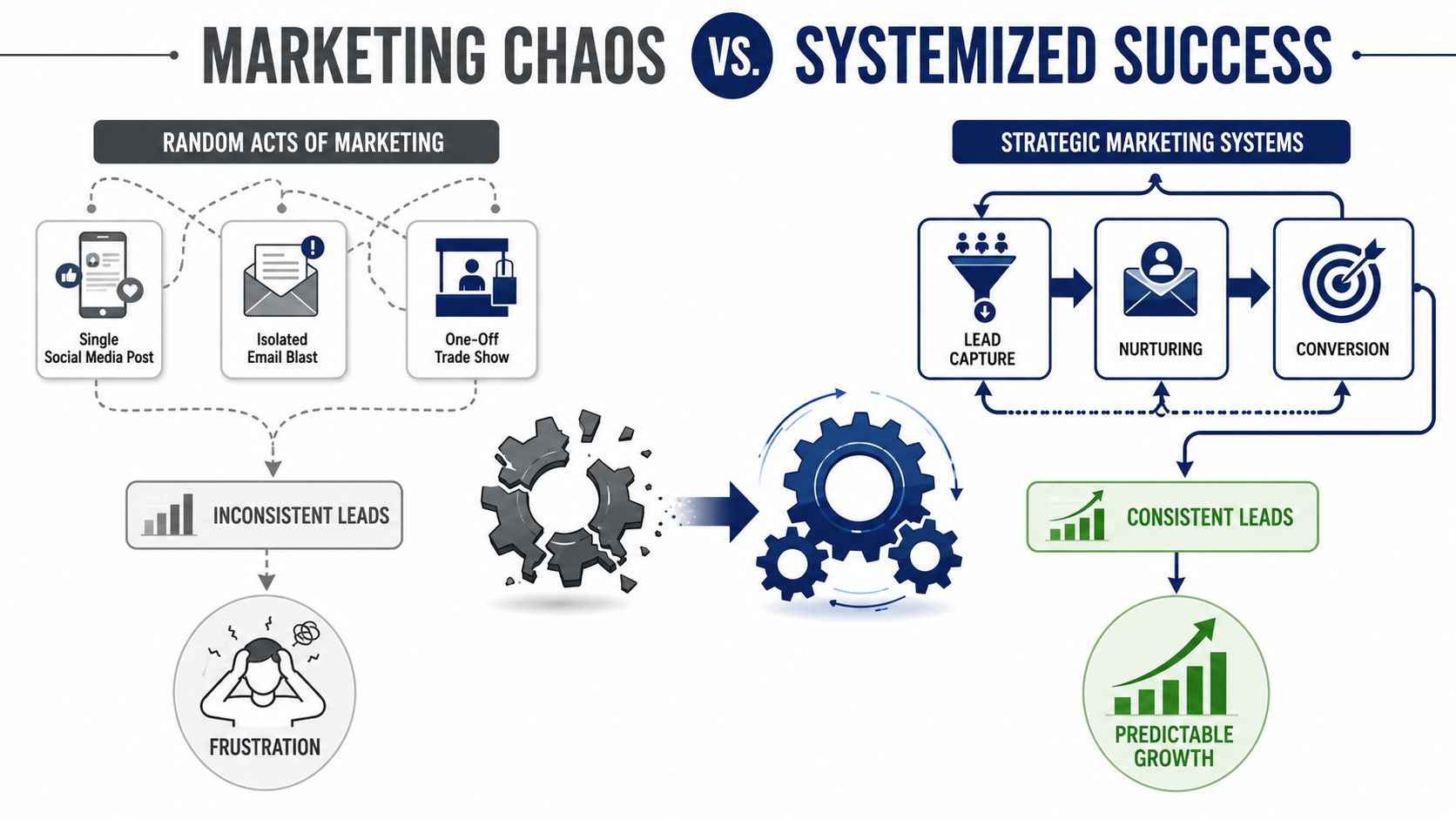 A diagram contrasting chaotic, inconsistent marketing activities with a streamlined, strategic marketing system for business growth.