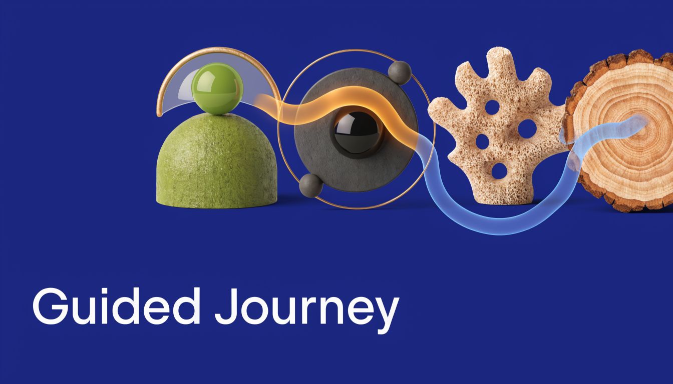 A digital graphic featuring abstract 3D objects including a sphere, coral, and wood slice with a path.