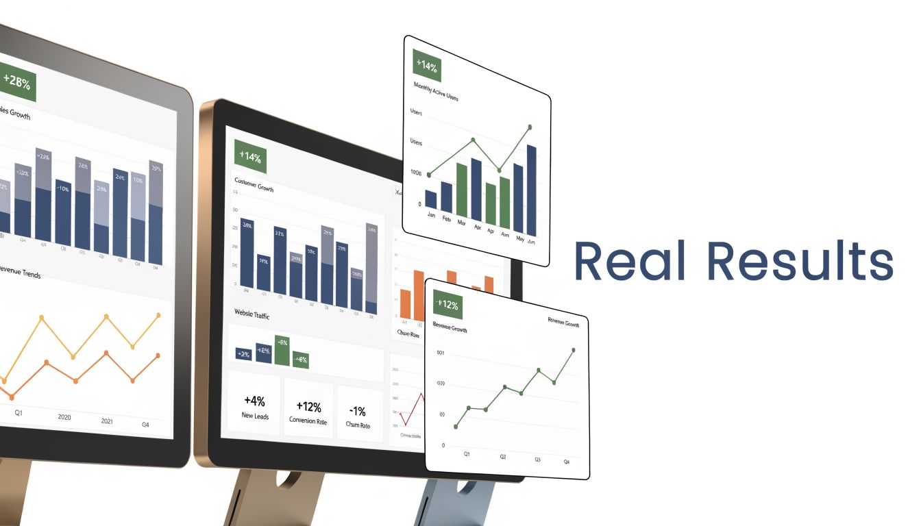 A digital dashboard showing charts and performance metrics on computer monitors, highlighting business growth data.