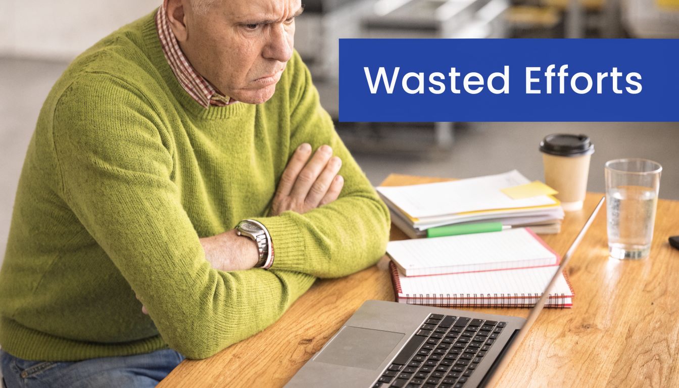 A concerned elderly man sitting at a desk with a laptop, reflecting on wasted business efforts.