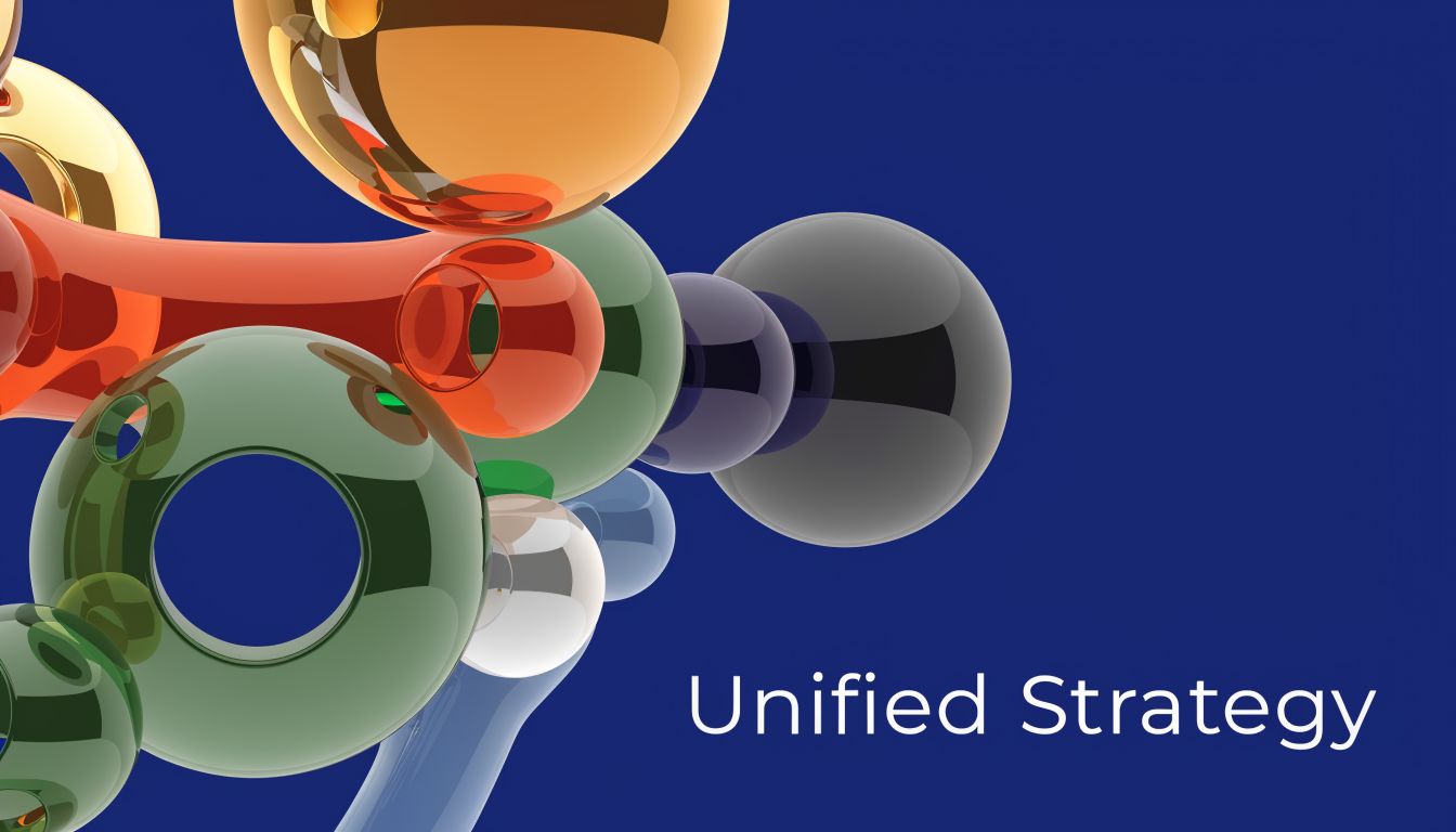 An abstract, modern background featuring glossy, interconnected colorful spheres and rings on a deep blue backdrop.