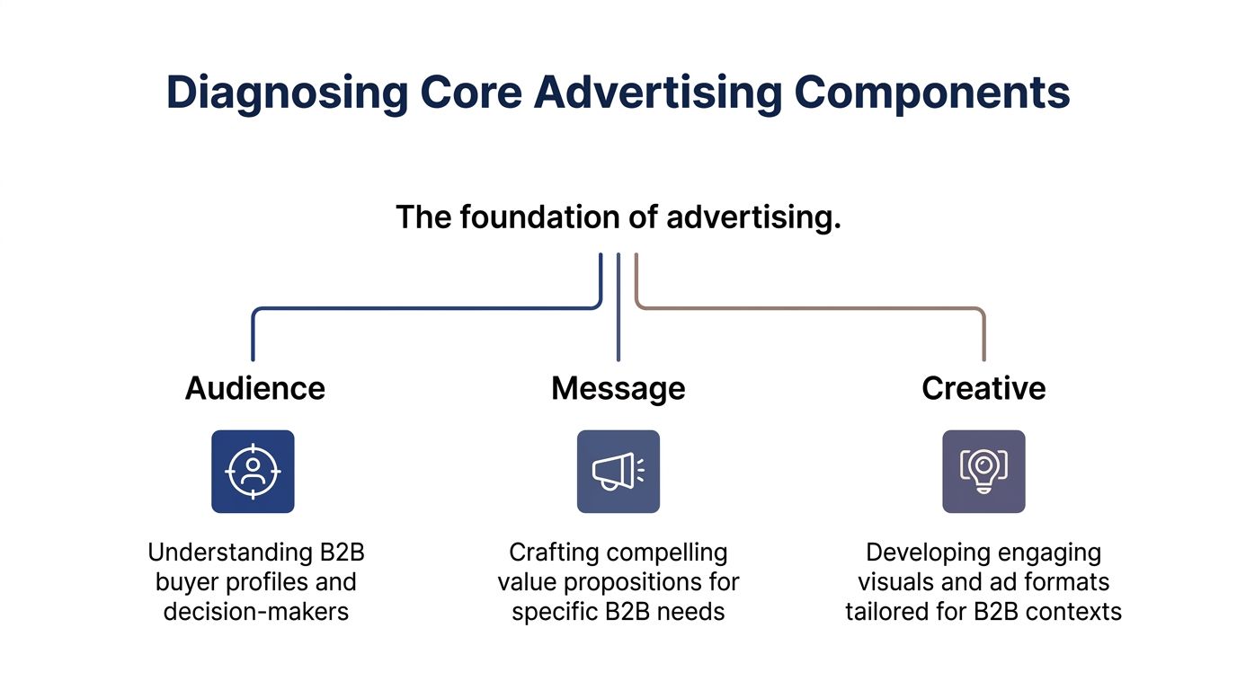 A diagram illustrating the three core pillars of advertising: audience, message, and creative for B2B contexts.