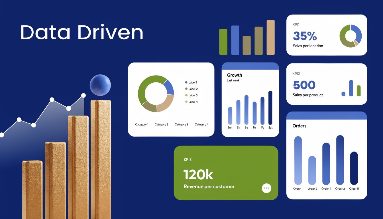 A digital dashboard showing colorful data visualization charts, bar graphs, and key performance indicators against a navy background.