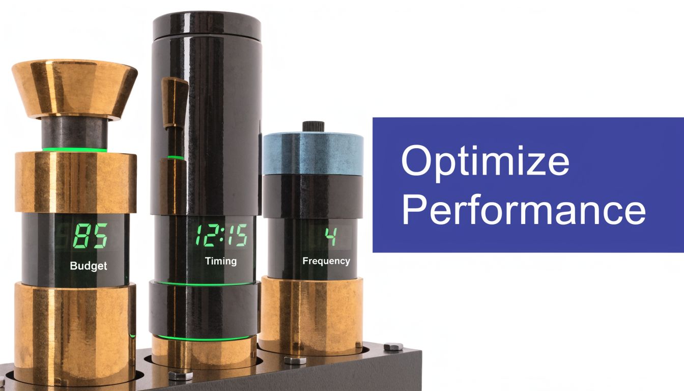 Three industrial-style canisters with digital displays showing budget, timing, and frequency, illustrating marketing performance optimization concepts.