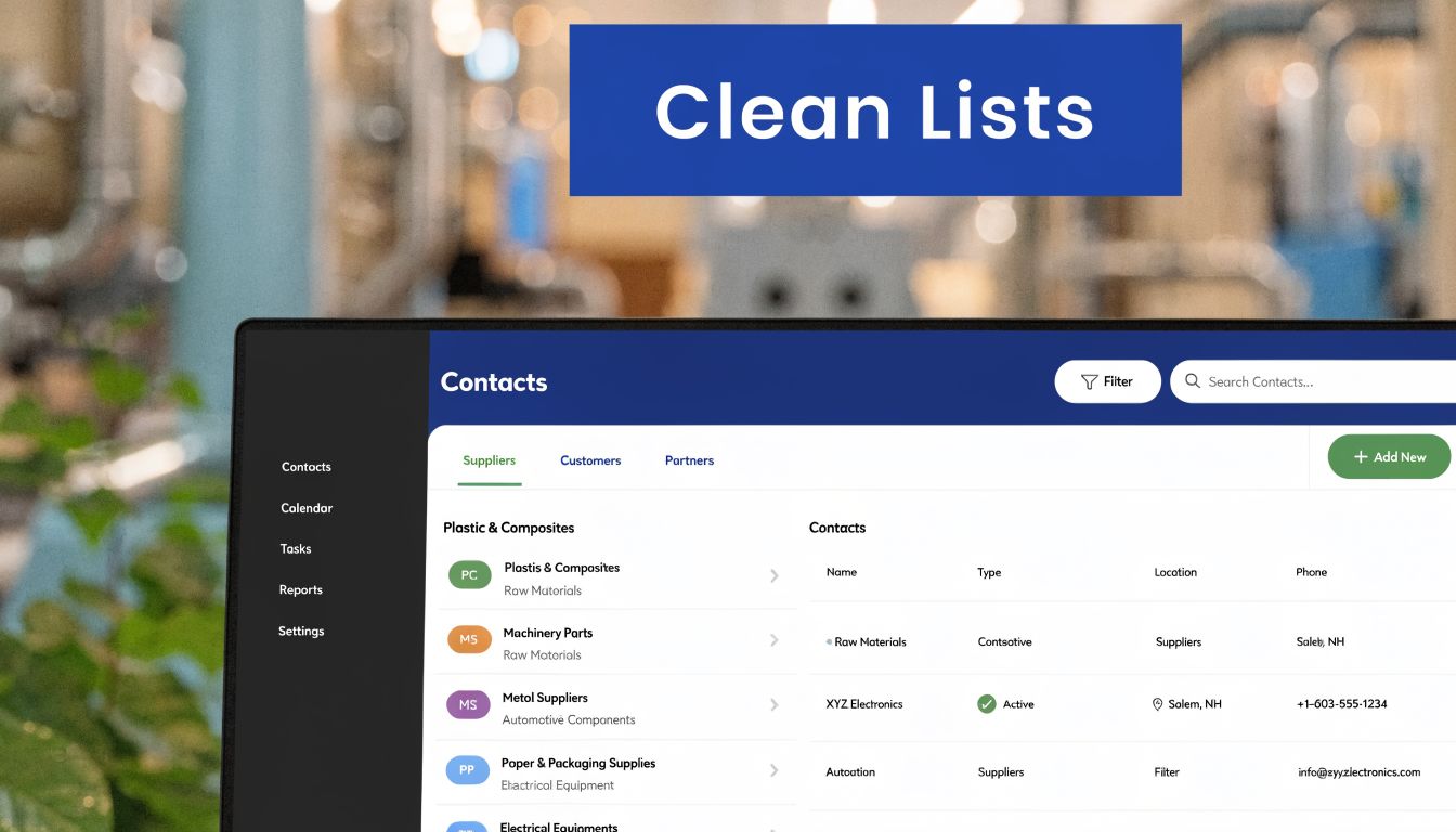 A digital screen displays a professional contacts management software interface for manufacturing business operations and supplier organization.
