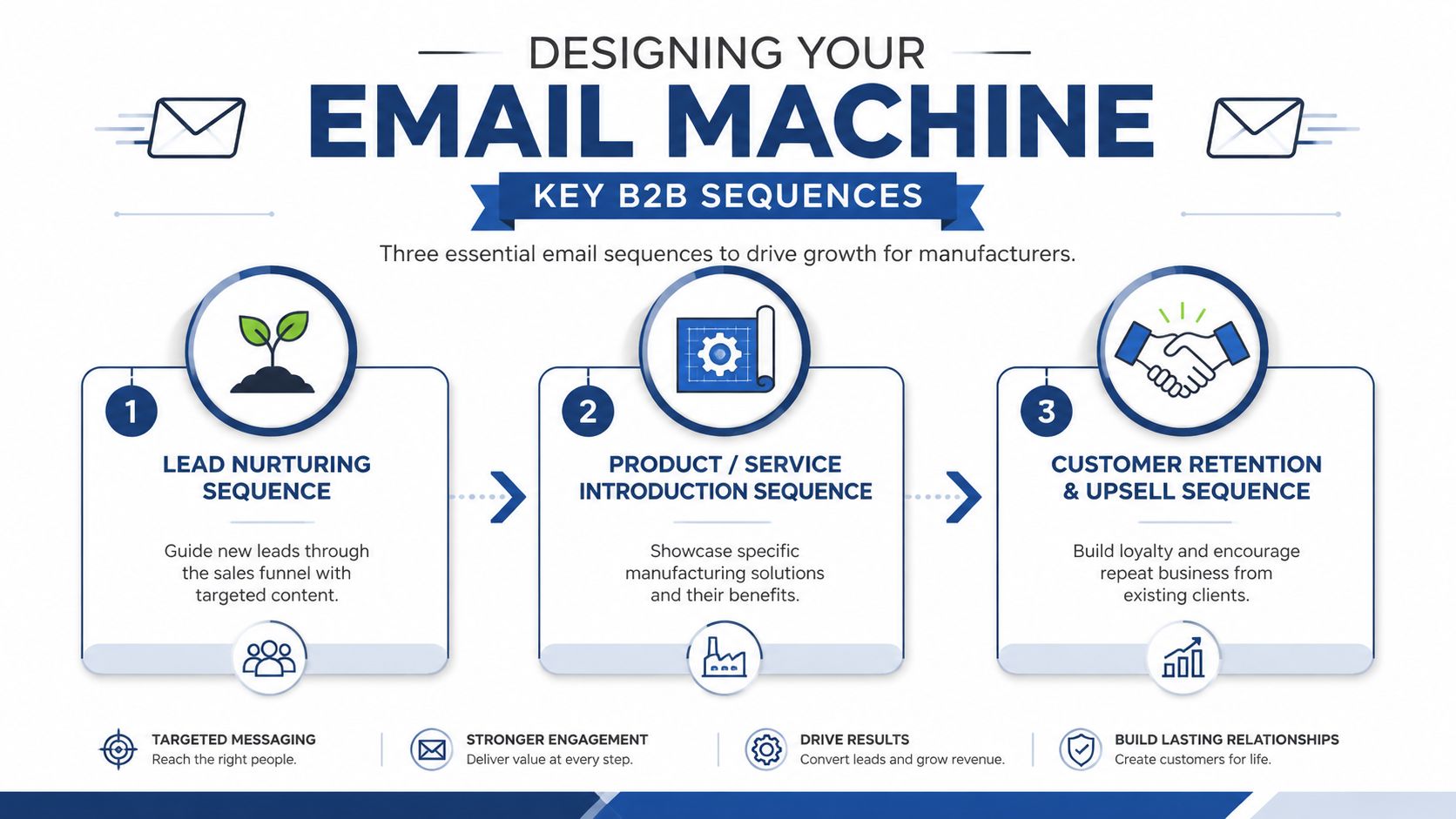 An infographic showing three essential B2B email sequences for manufacturing growth: Lead Nurturing, Product Introduction, and Customer Retention.