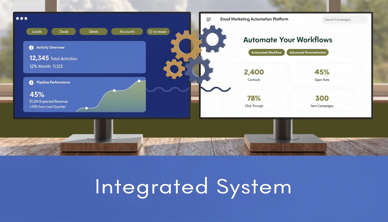Two computer screens displaying an integrated dashboard for automated email marketing and sales pipeline tracking systems.