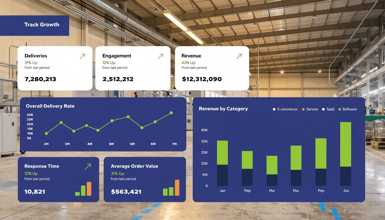 A digital dashboard displaying key performance metrics like deliveries, engagement, and revenue for manufacturing business growth.