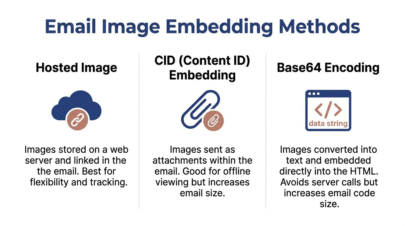 A diagram illustrating the three common methods for embedding images in emails: hosted, CID, and Base64.