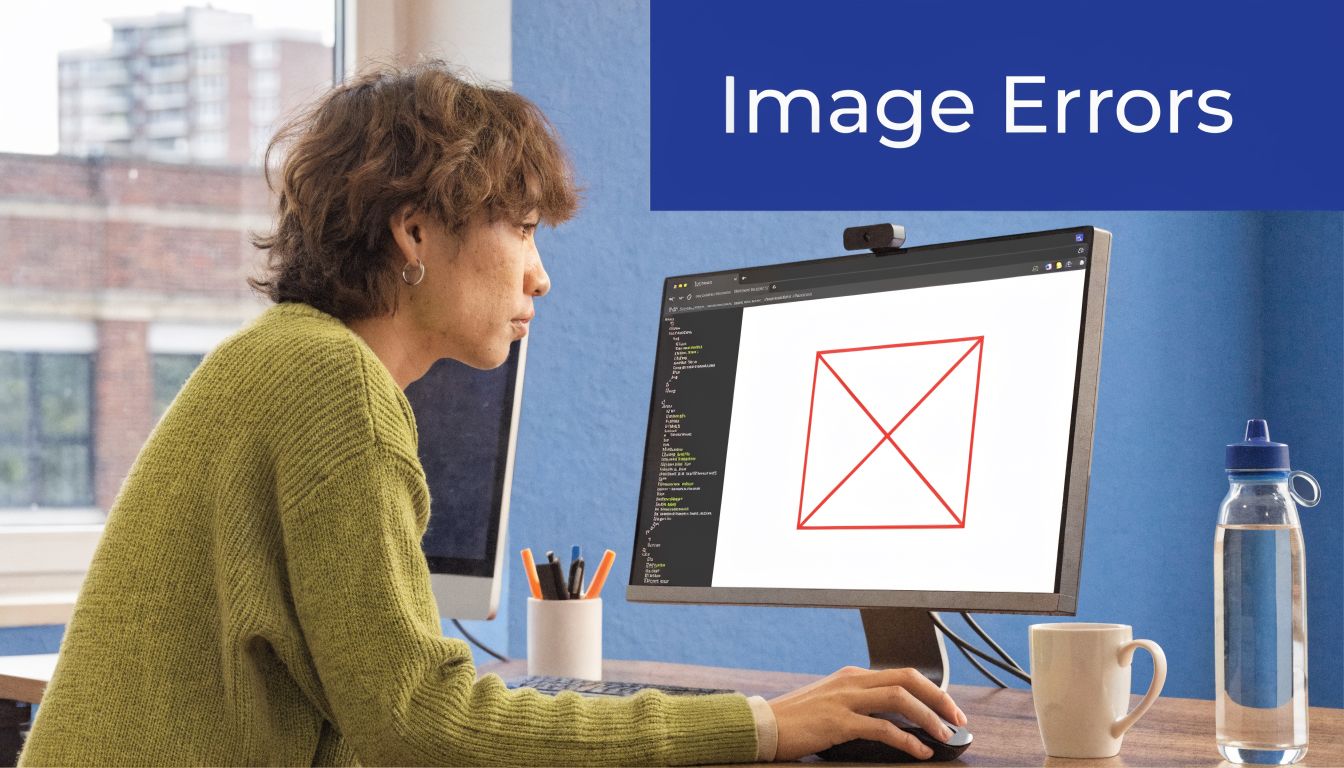 A person sitting at a desk looking at a monitor displaying a placeholder image error icon.