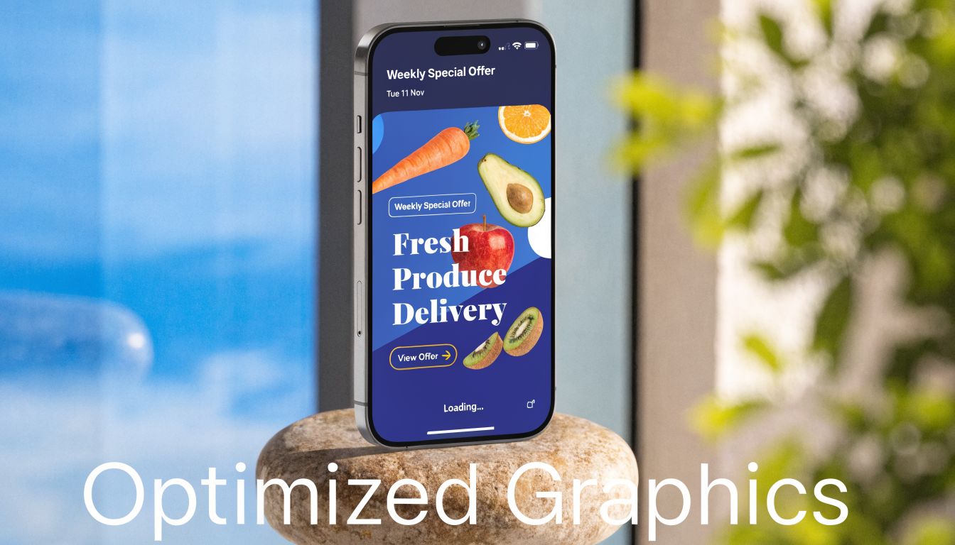 A smartphone balanced on a rock displaying a fresh produce delivery app interface on its screen.