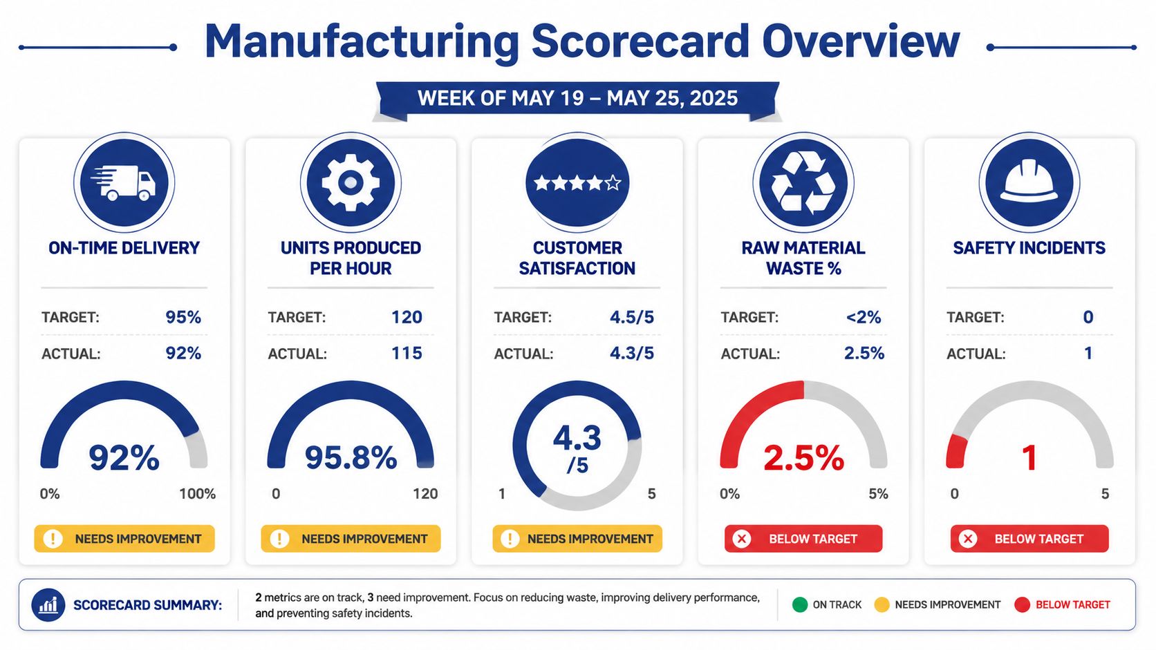 A manufacturing scorecard overview displaying performance metrics for delivery, production, satisfaction, waste, and safety for May 2025.