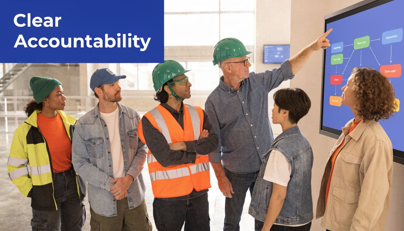 A team of diverse construction professionals looking at a business process flow chart on a digital screen.