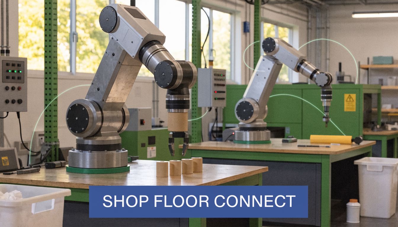 Two industrial robotic arms performing manufacturing tasks on a factory shop floor with connected digital overlays.