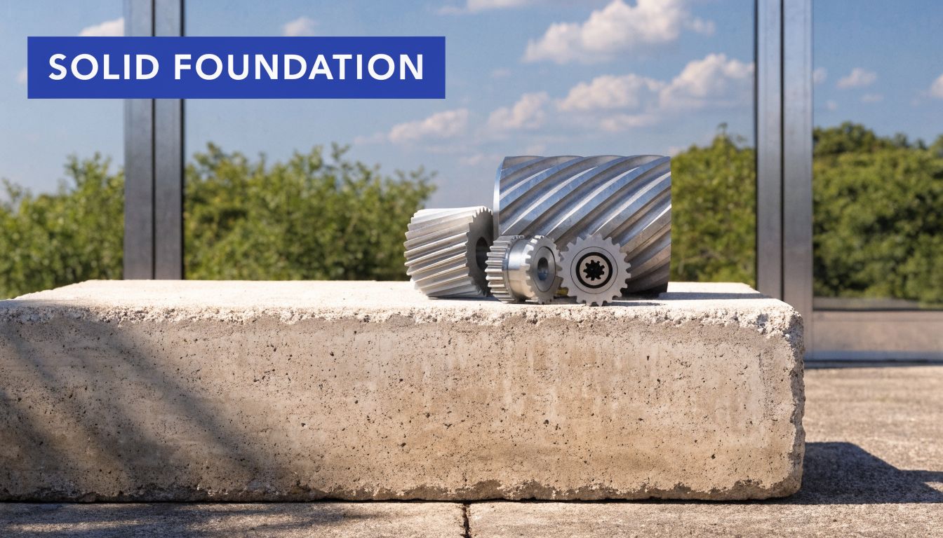 A close up of metallic precision gears resting on a large concrete block outdoors under blue skies.