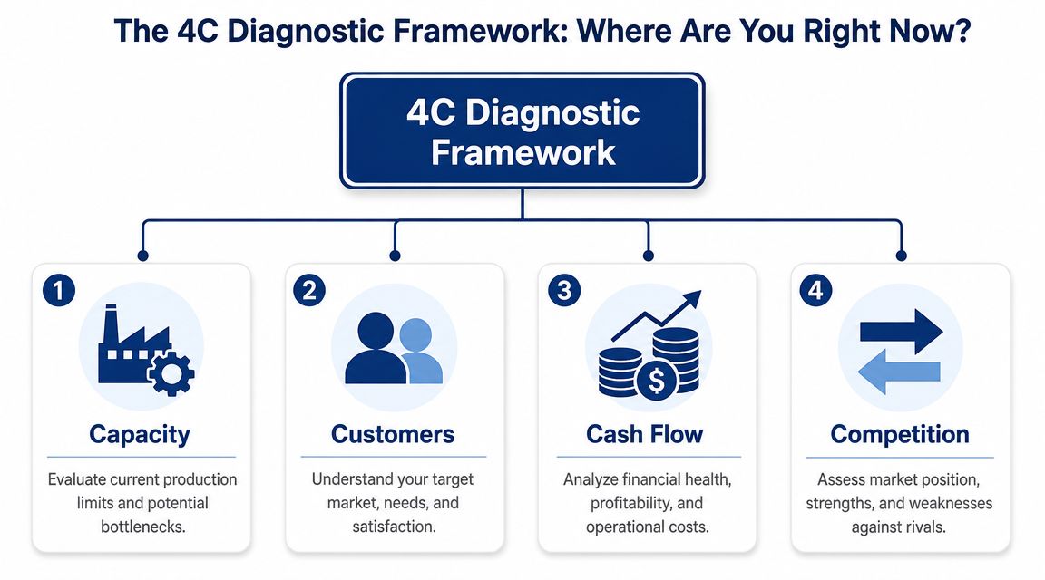 A diagram illustrating the 4C Diagnostic Framework for business, detailing Capacity, Customers, Cash Flow, and Competition.