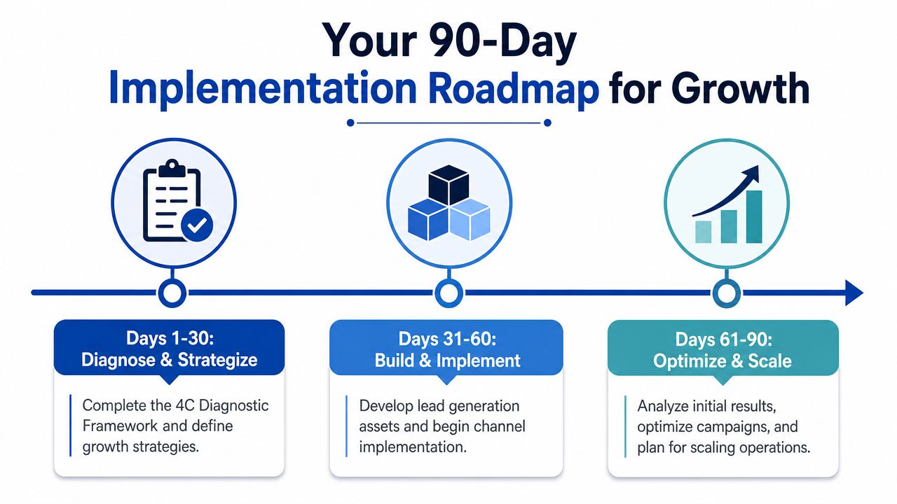 A 90-day growth roadmap infographic outlining phases for business diagnostics, implementation, and scaling strategies.