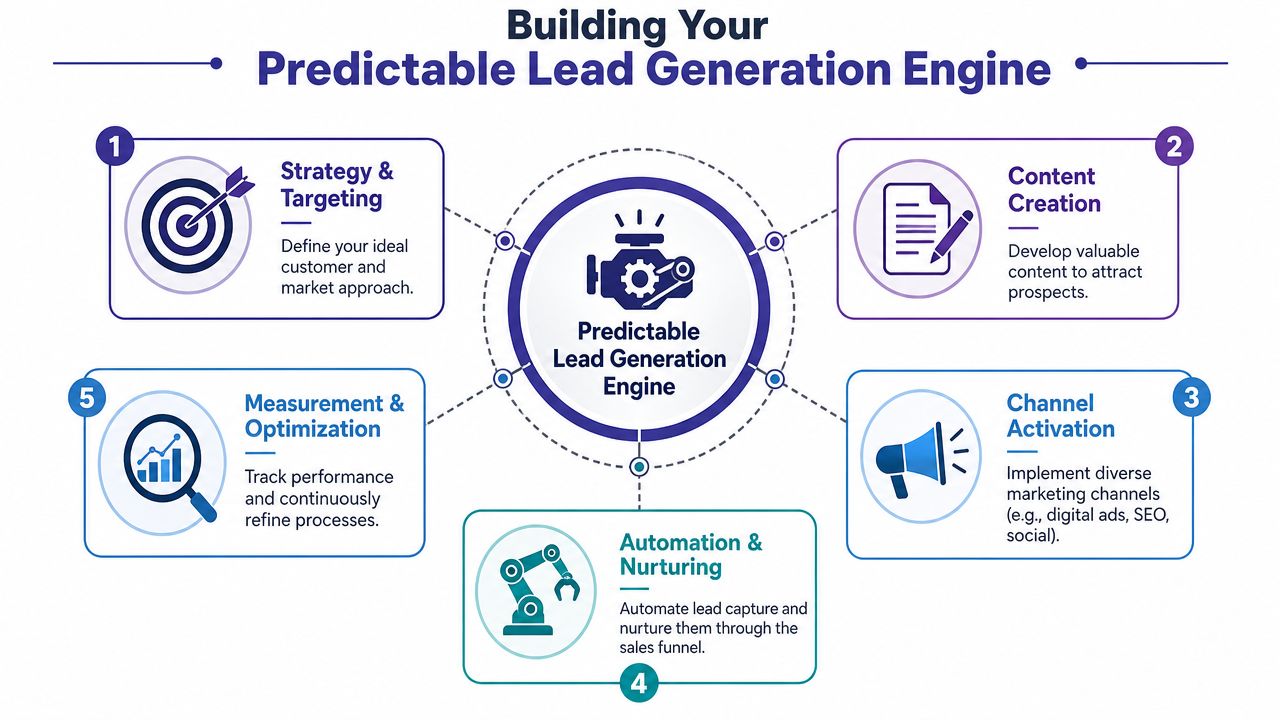 A diagram illustrating the five key steps to build a predictable lead generation engine for business growth.