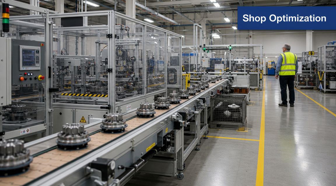 A technician wearing a high-visibility vest supervises an automated assembly line in a modern manufacturing facility.
