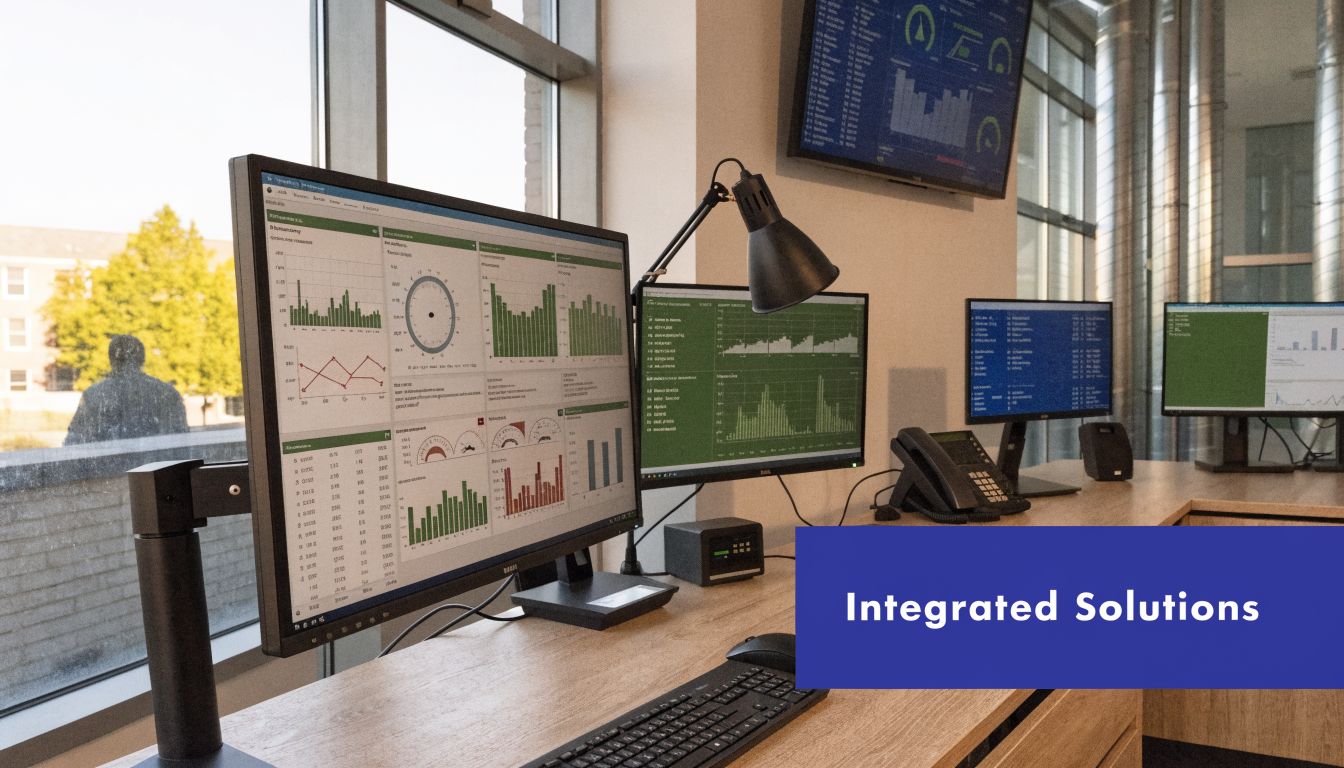 A modern workspace with multiple monitors displaying data analytics in an office setting for industrial monitoring.