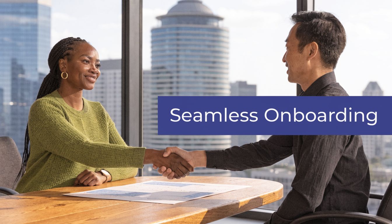 A professional woman and man shaking hands across a desk during a business onboarding meeting.