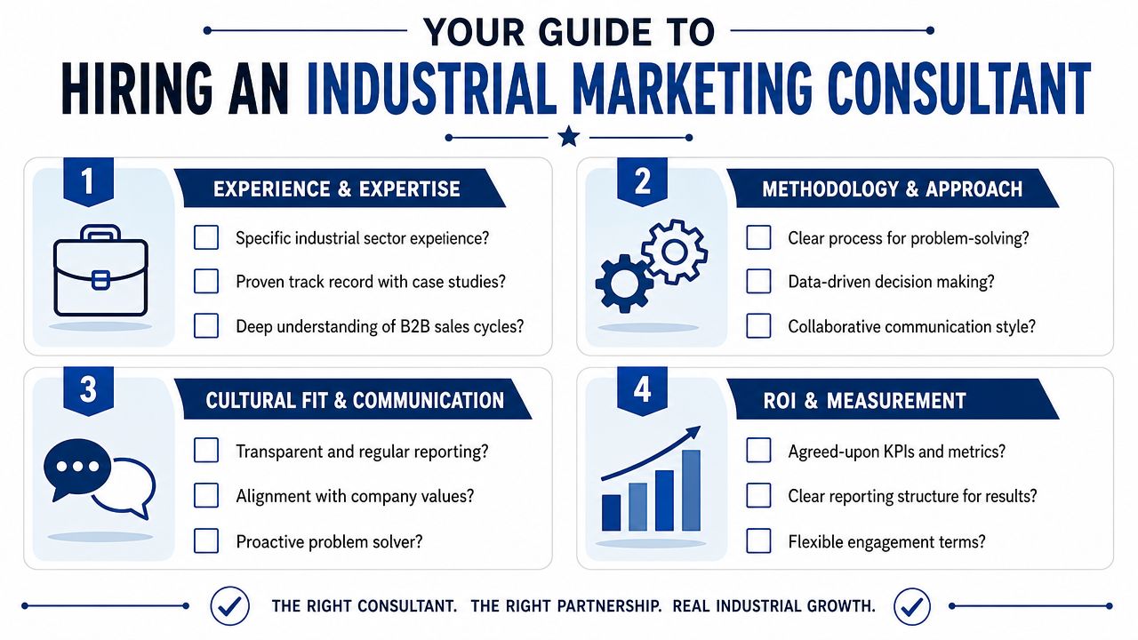 A professional infographic titled Guide to Hiring an Industrial Marketing Consultant featuring four essential evaluation criteria.