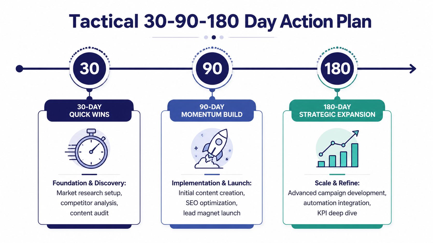 A visual timeline outlining a 30-90-180 day tactical marketing action plan for business strategy growth.
