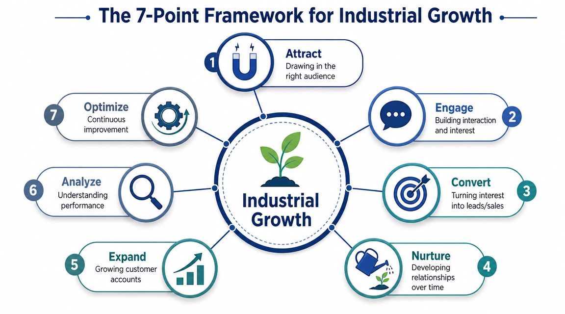 A diagram outlining the seven-point framework for industrial growth with strategies for marketing and business development.