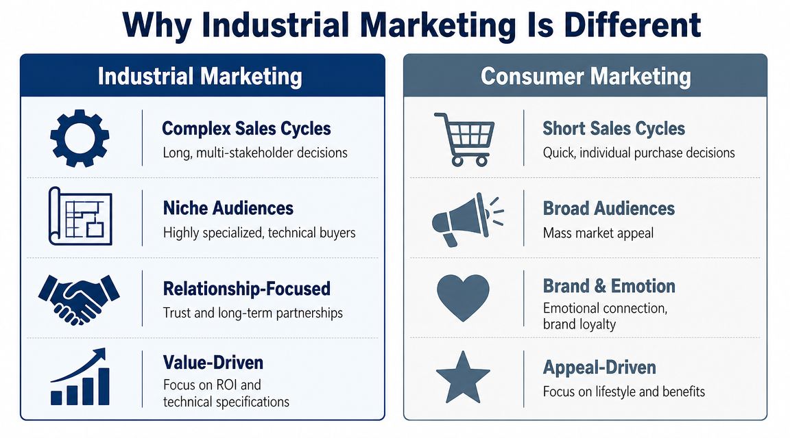A comparison chart showing key differences between industrial marketing and consumer marketing strategies in a business context.