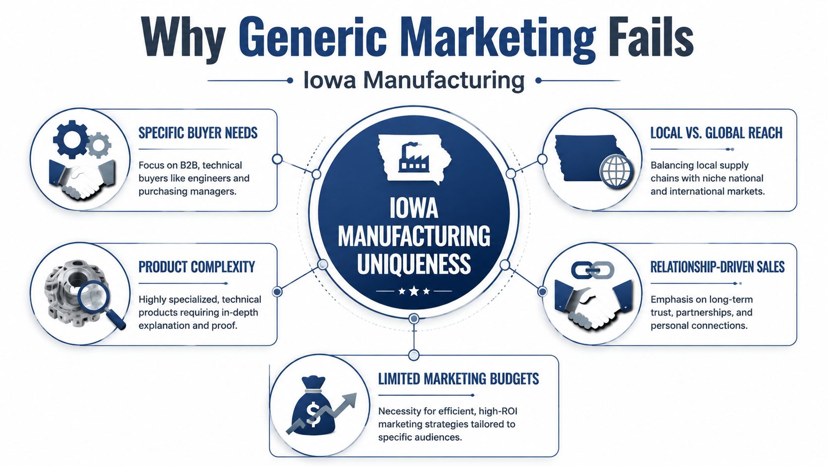 An infographic explaining why generic marketing fails in the Iowa manufacturing industry through five key factors.