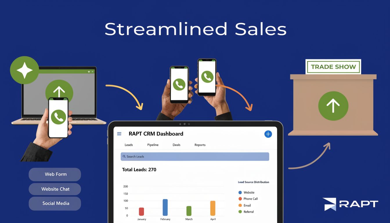 A graphic showing a RAPT CRM dashboard illustrating the streamlined sales process across various digital platforms.