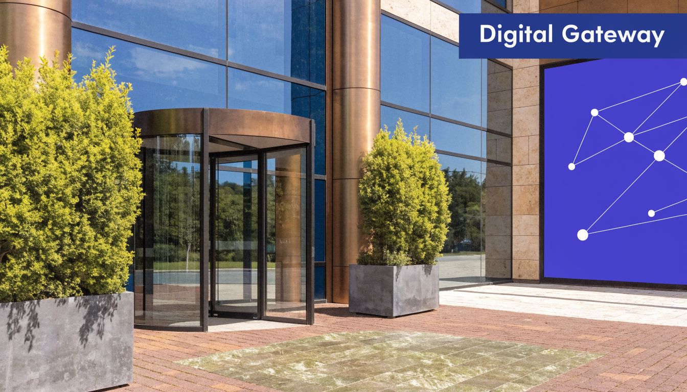 A modern building entrance with revolving doors and green topiary plants flanking the entryway exterior.