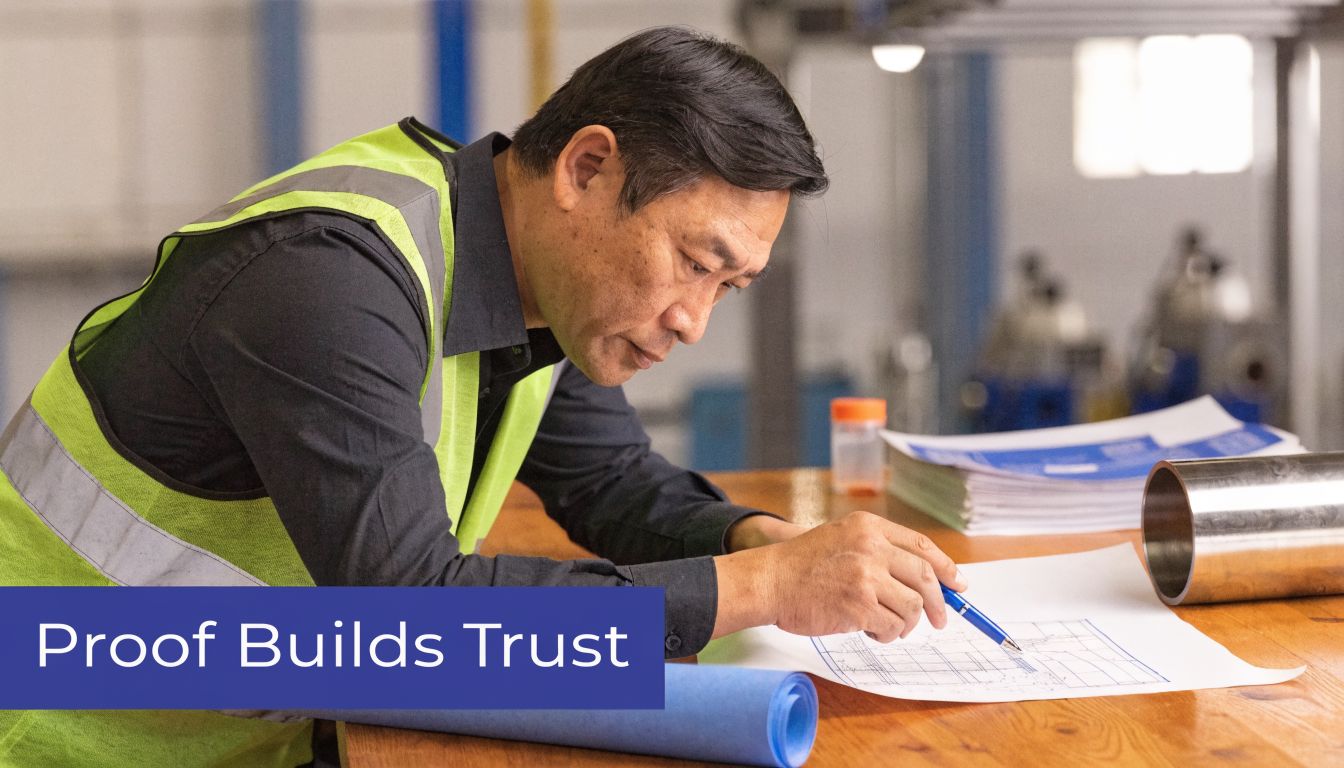 A professional engineer in a safety vest reviewing architectural blueprints on a wooden workbench in a factory.