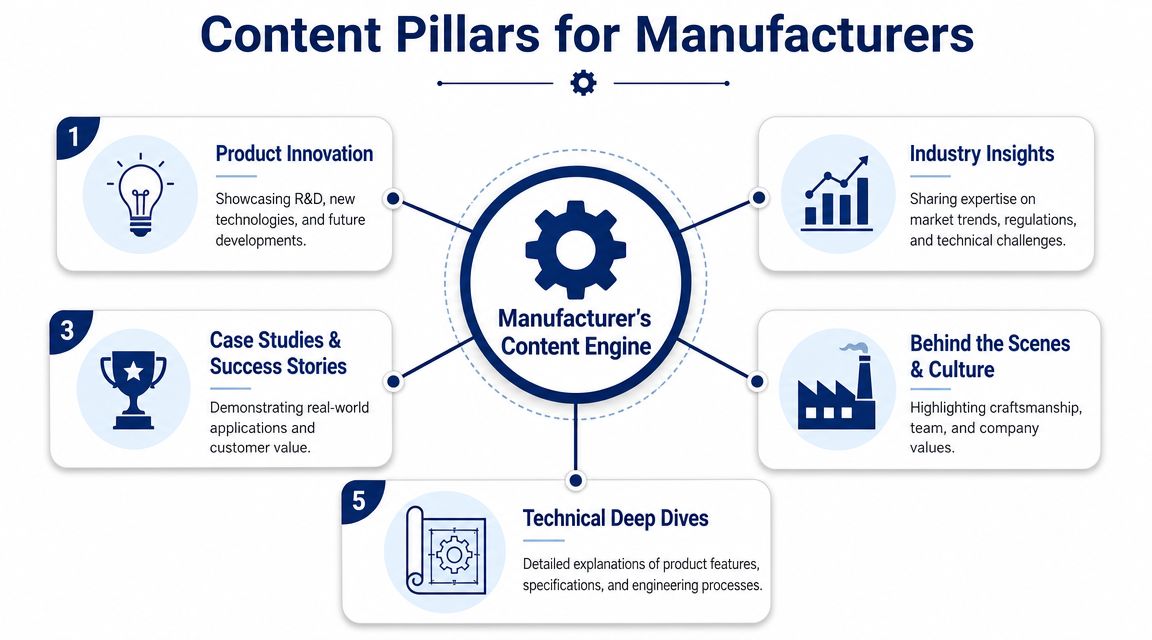A diagram outlining five key content pillars for manufacturing companies to drive their digital marketing strategies effectively.