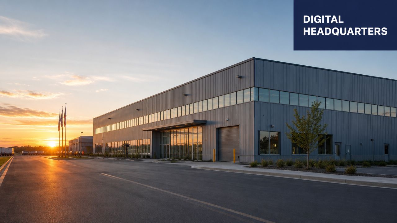 A modern industrial warehouse building during a scenic sunset with a clear parking lot in front.