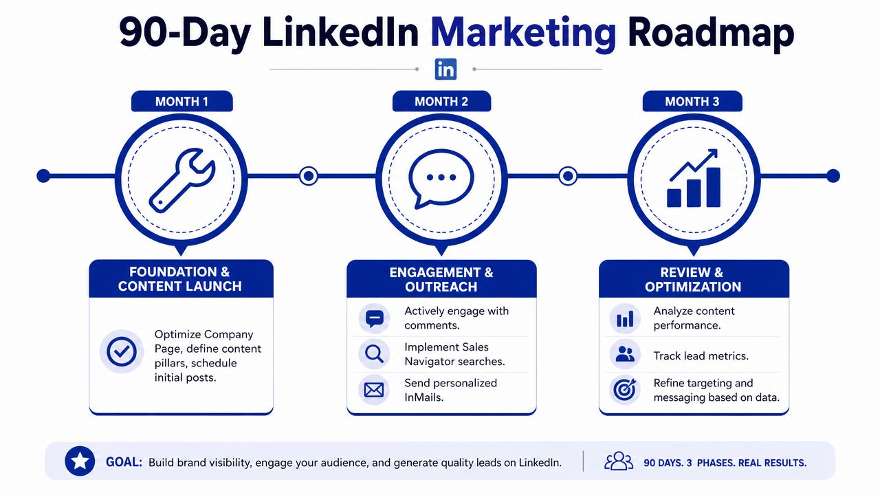 A 90-day LinkedIn marketing roadmap infographic showing phases for foundation, engagement, and review for business growth.