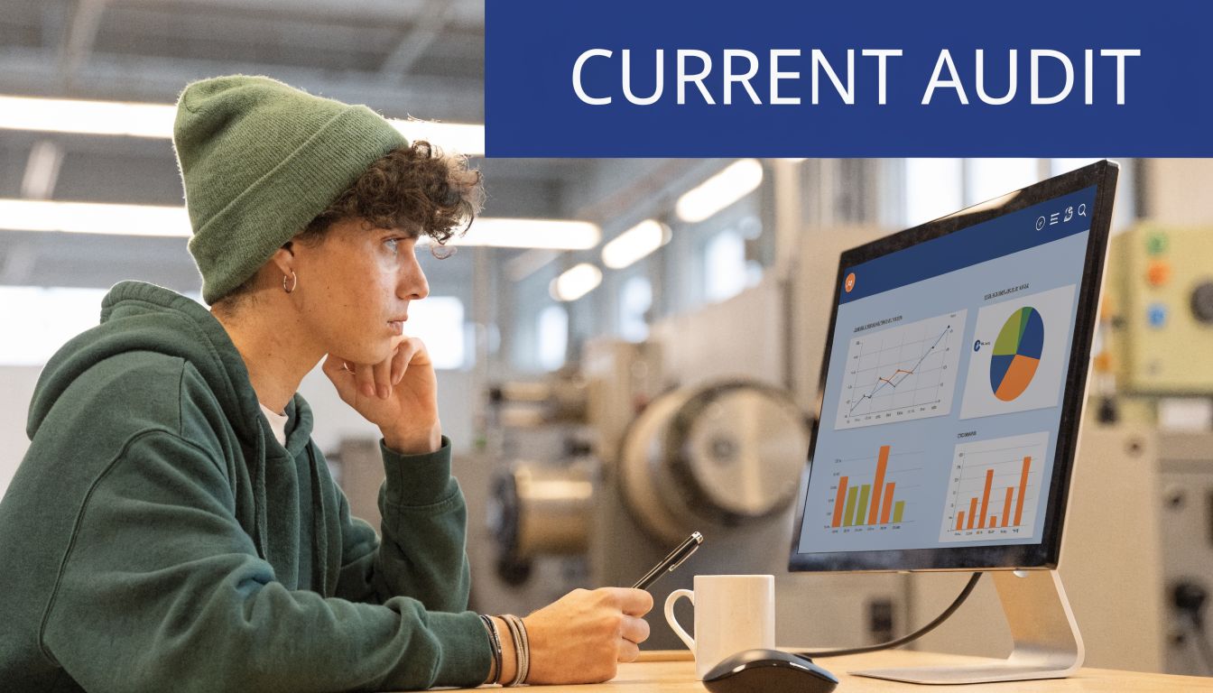 A young man wearing a beanie hoodie studies data charts on a computer monitor in a machine shop.