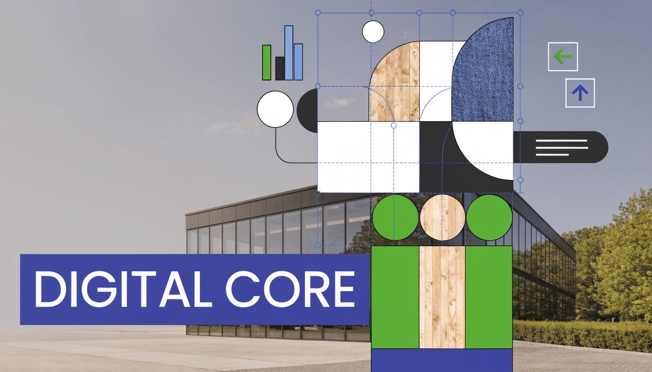 A modern building background with a graphic overlay featuring abstract geometric shapes and the text Digital Core.